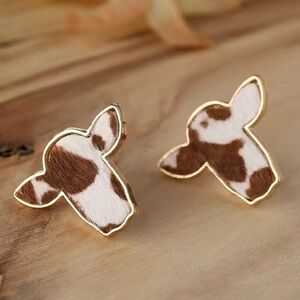 Cow head earrings - gold tone post - fur - brown & white